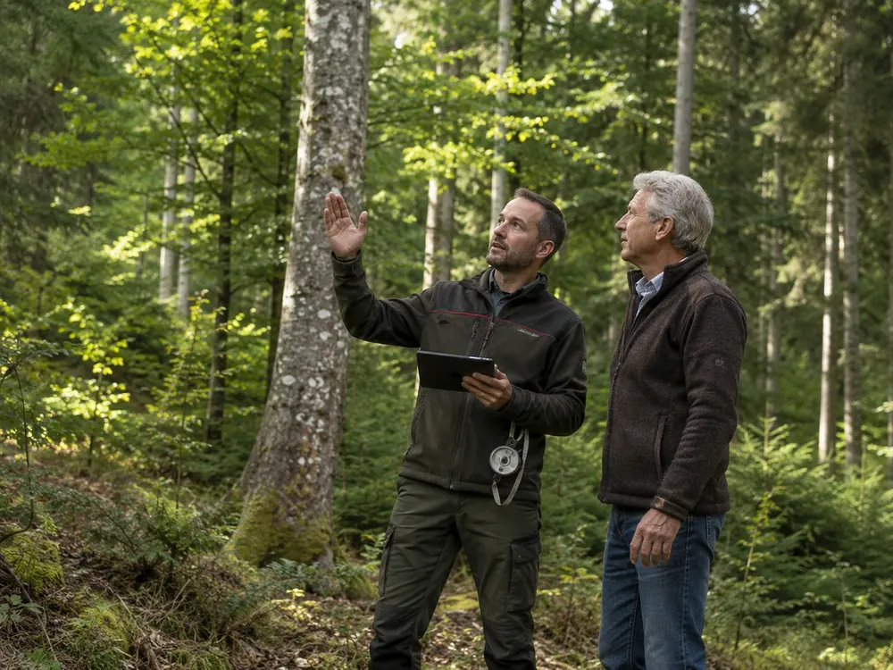 Forstprofi bei der Bestandsaufnahme im Wald